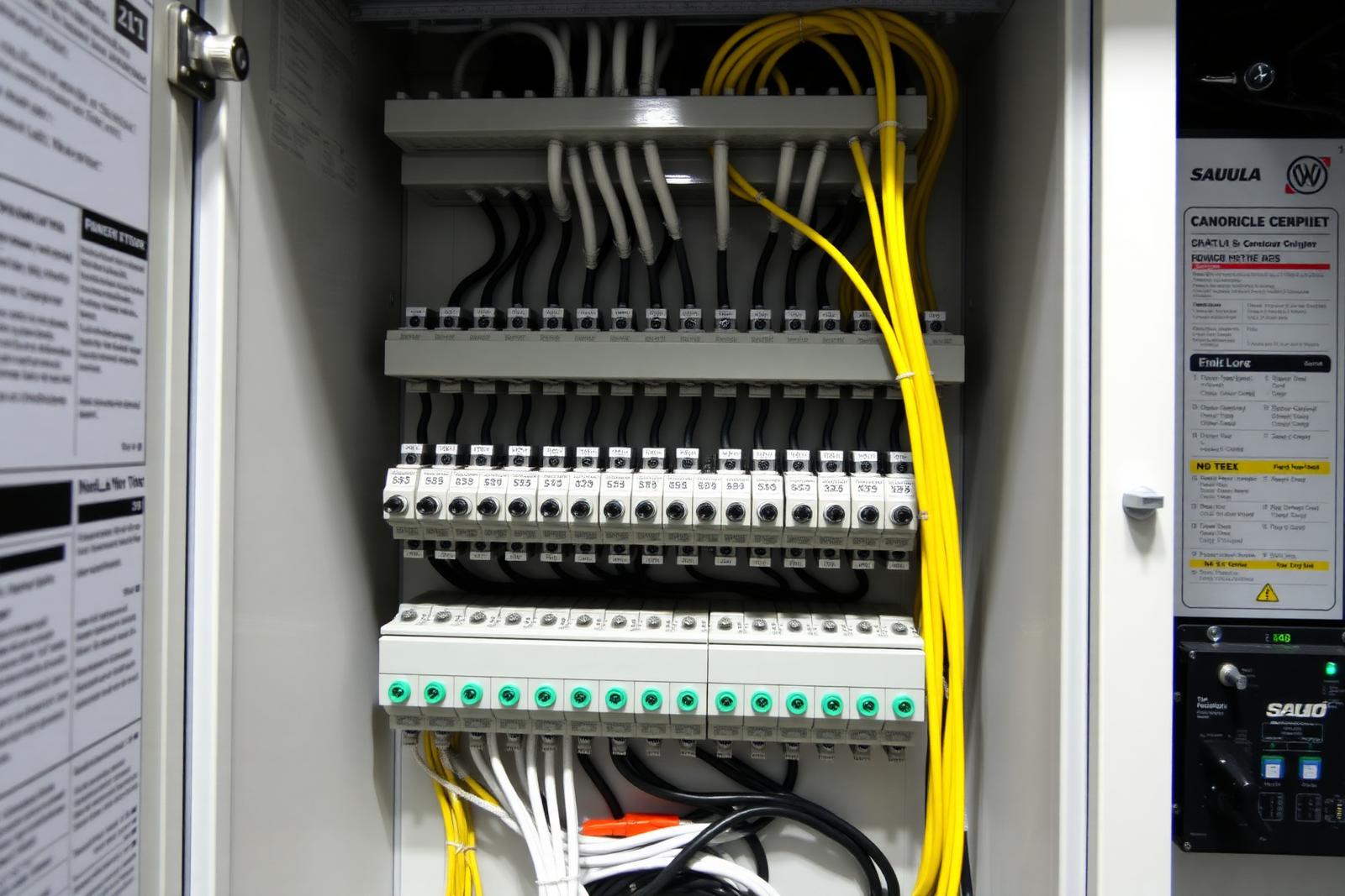 Engineer inspecting a wired industrial control cabinet